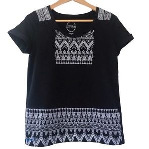 LUCKY BRAND Embroidered Aztec Boho Rolled Short Sleeve Tee Shirt Black Small